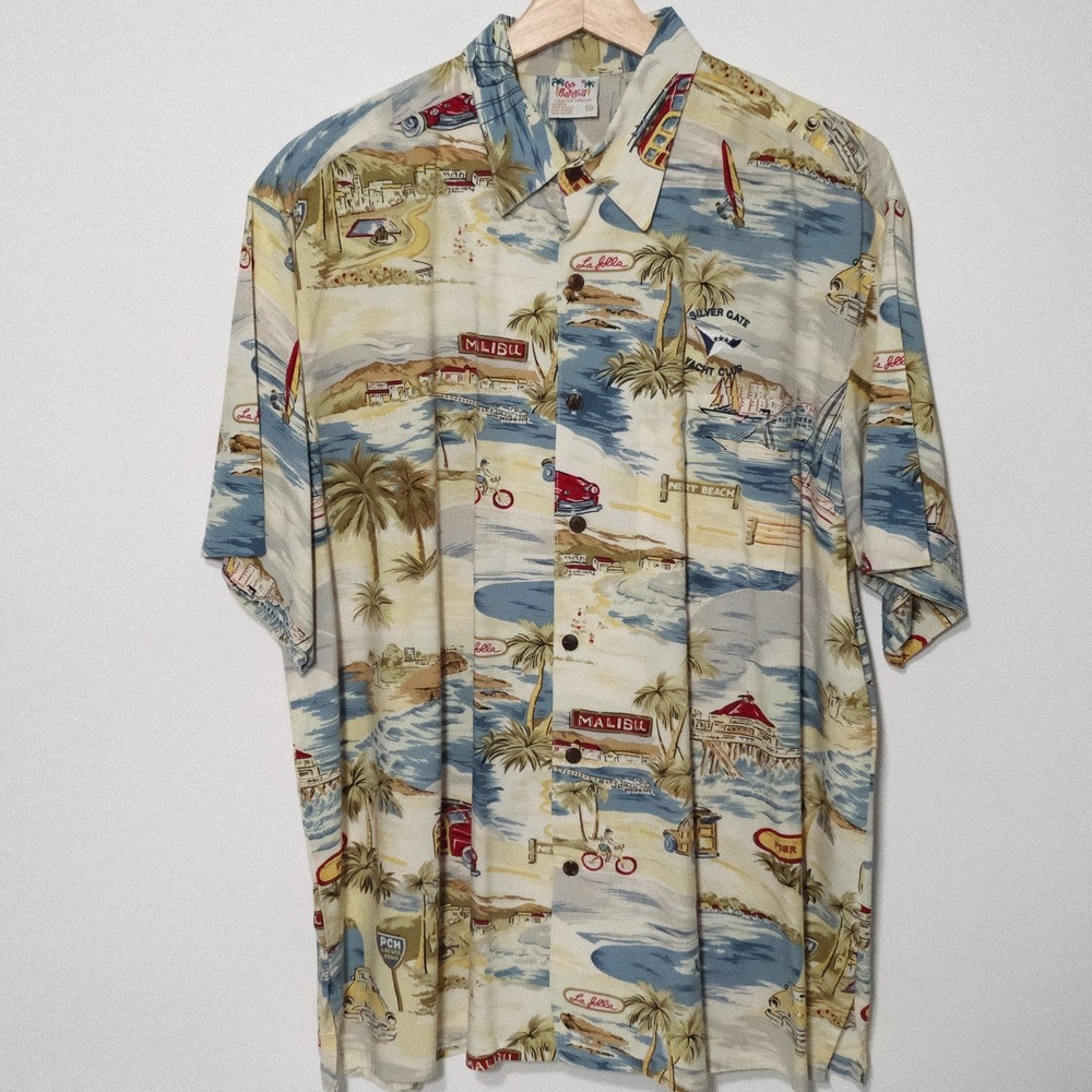 Go Barefoot Hawaiian Shirt Mens XL California Beaches Tropical  Cotton Made USA